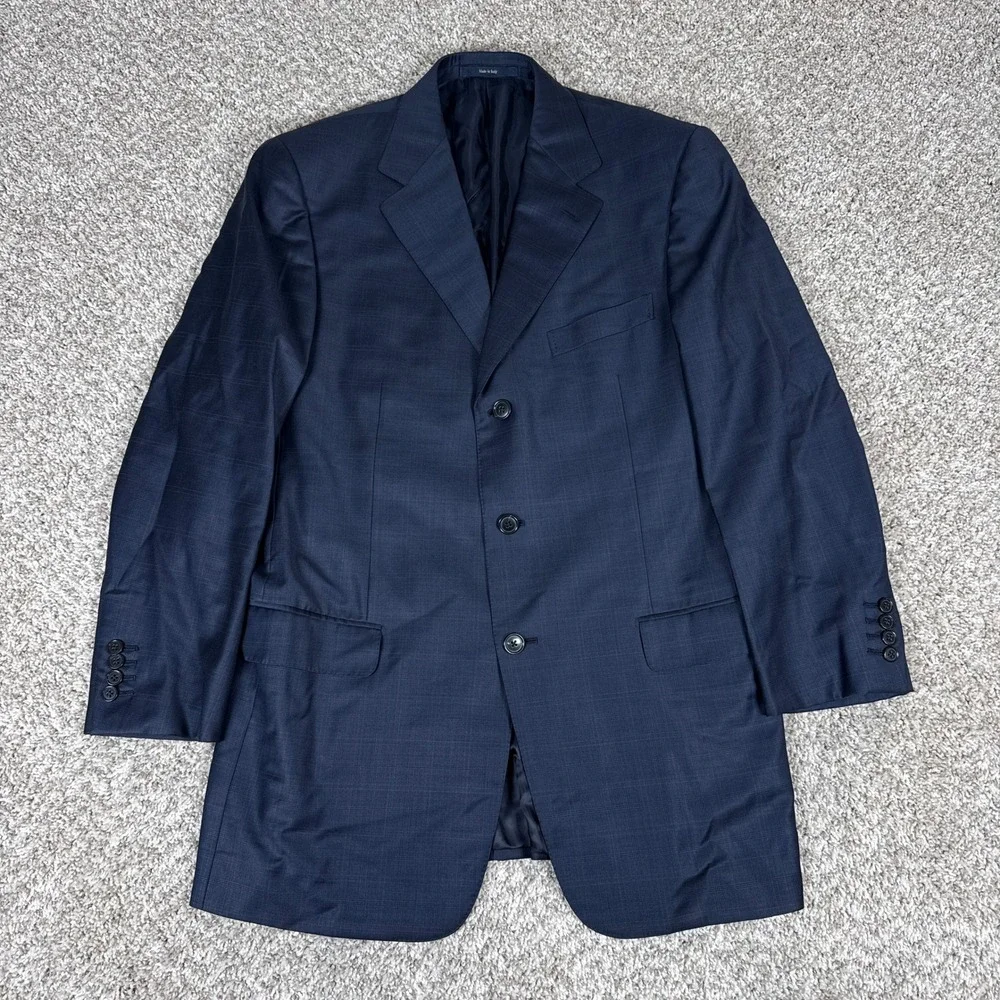 Ermenegildo Zegna Suit Jacket Mens 40R Navy Blue Trofeo Wool Plaid Blazer Italy